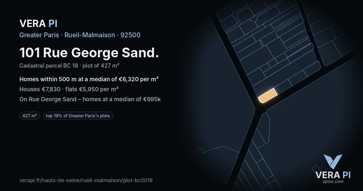 101 Rue George Sand, Rueil-Malmaison at night – the plot lit, the parcels around coloured by the prices near them