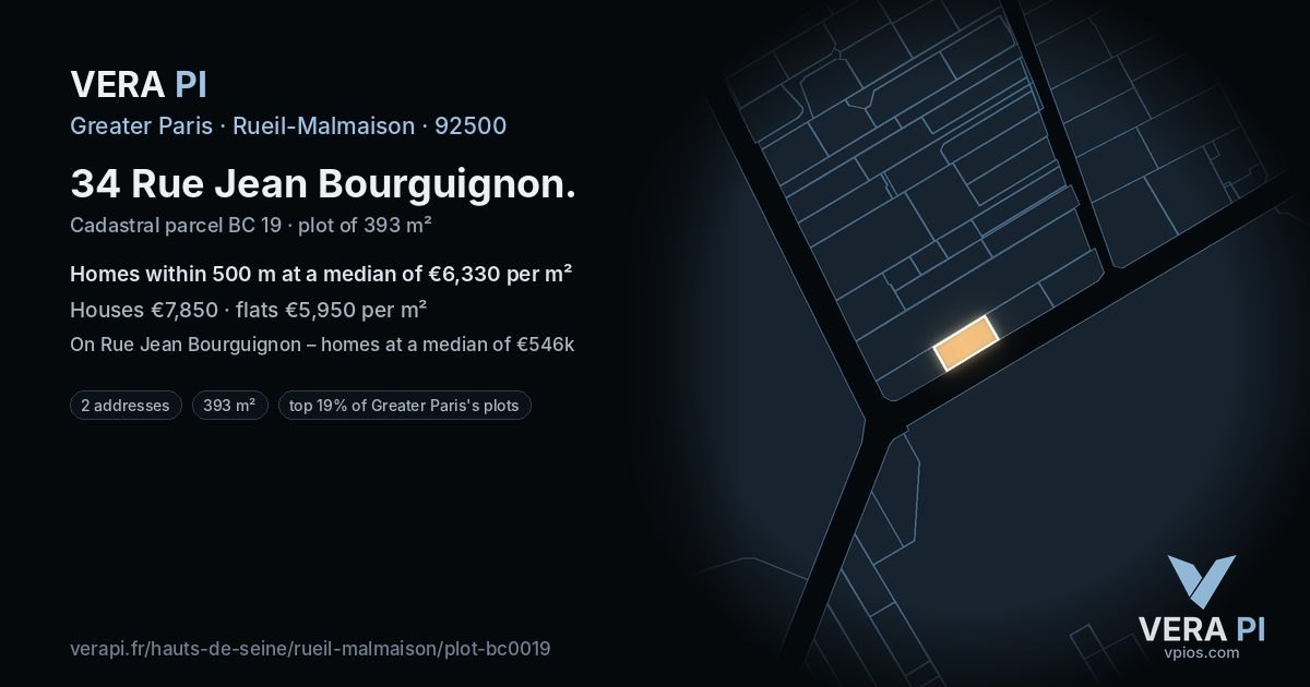 34 Rue Jean Bourguignon, Rueil-Malmaison at night – the plot lit, the parcels around coloured by the prices near them