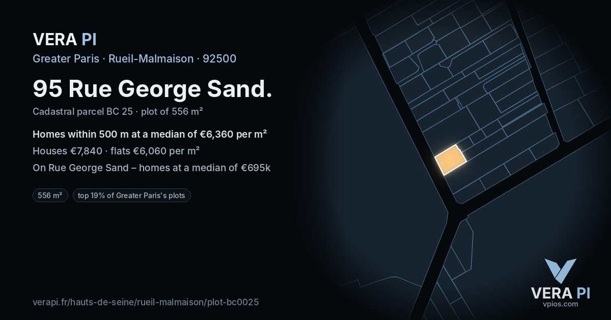 95 Rue George Sand, Rueil-Malmaison at night – the plot lit, the parcels around coloured by the prices near them