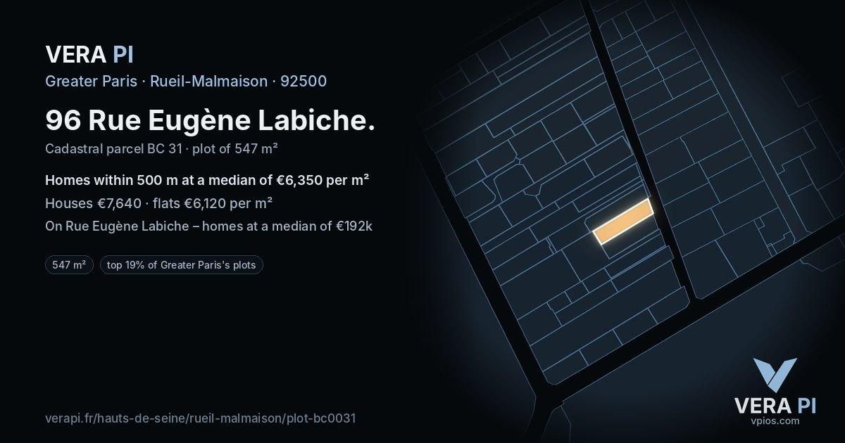 96 Rue Eugène Labiche, Rueil-Malmaison at night – the plot lit, the parcels around coloured by the prices near them
