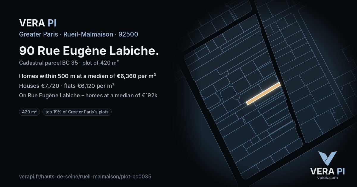 90 Rue Eugène Labiche, Rueil-Malmaison at night – the plot lit, the parcels around coloured by the prices near them