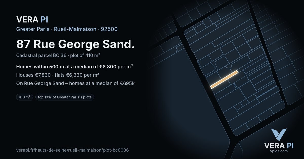 87 Rue George Sand, Rueil-Malmaison at night – the plot lit, the parcels around coloured by the prices near them