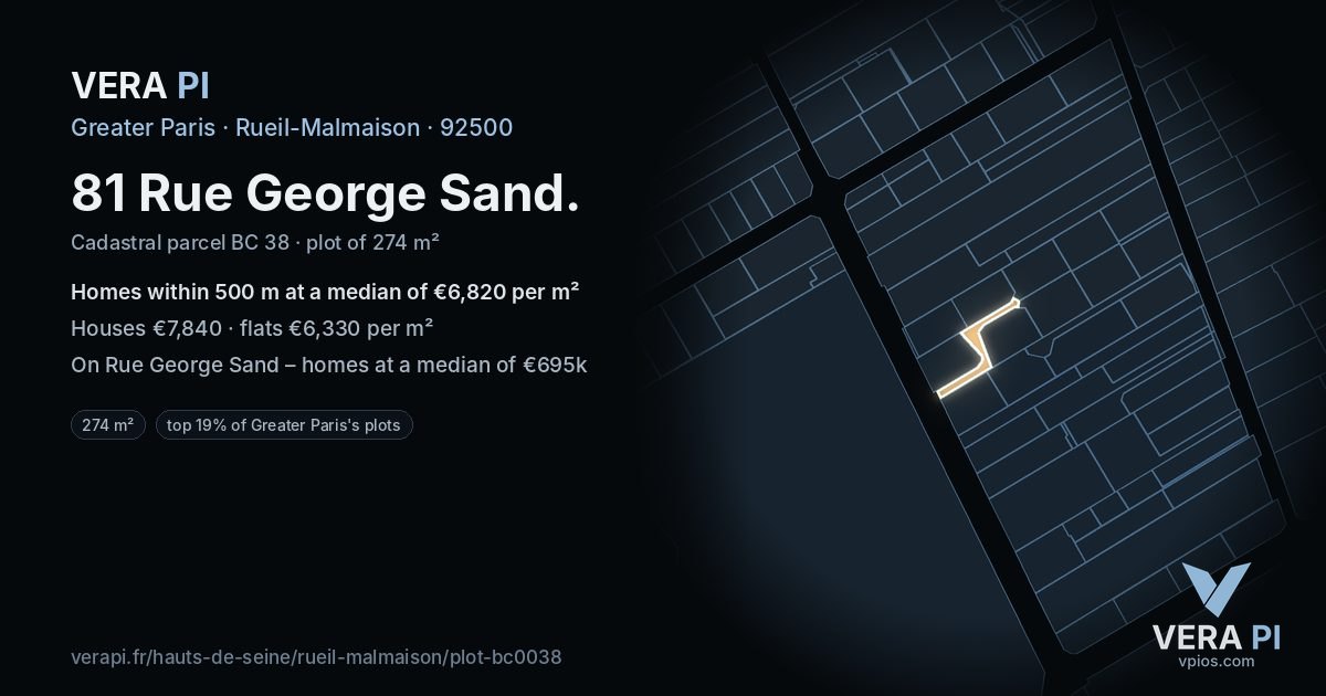 81 Rue George Sand, Rueil-Malmaison at night – the plot lit, the parcels around coloured by the prices near them