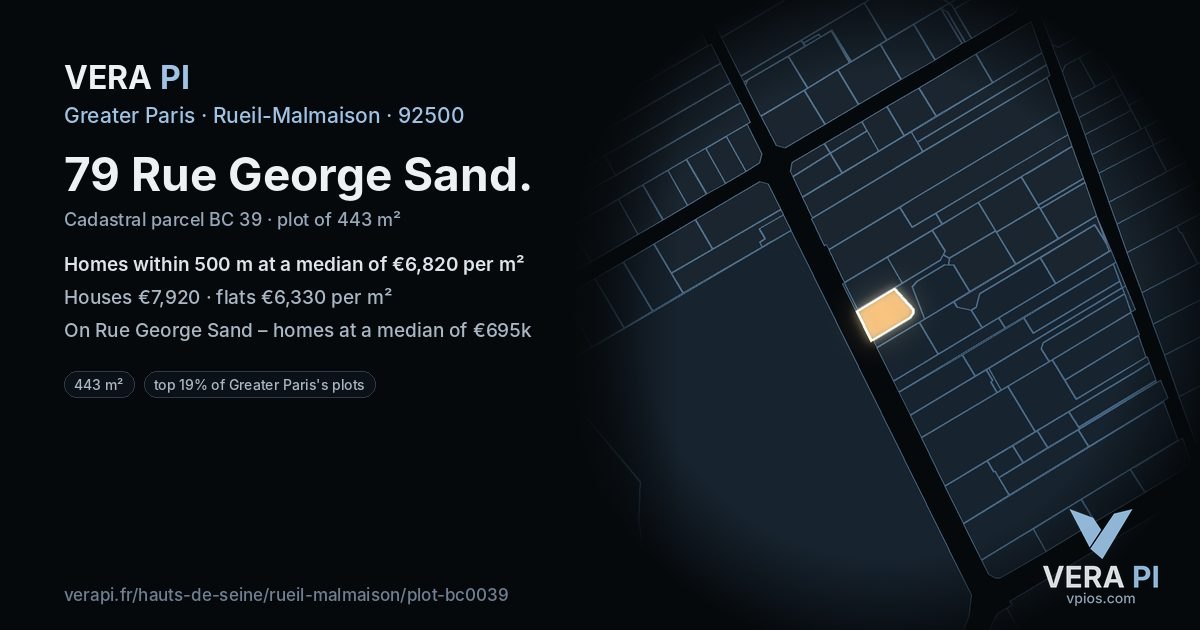 79 Rue George Sand, Rueil-Malmaison at night – the plot lit, the parcels around coloured by the prices near them