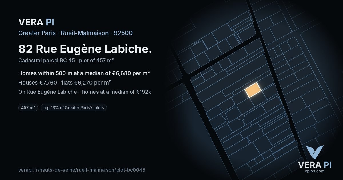 82 Rue Eugène Labiche, Rueil-Malmaison at night – the plot lit, the parcels around coloured by the prices near them