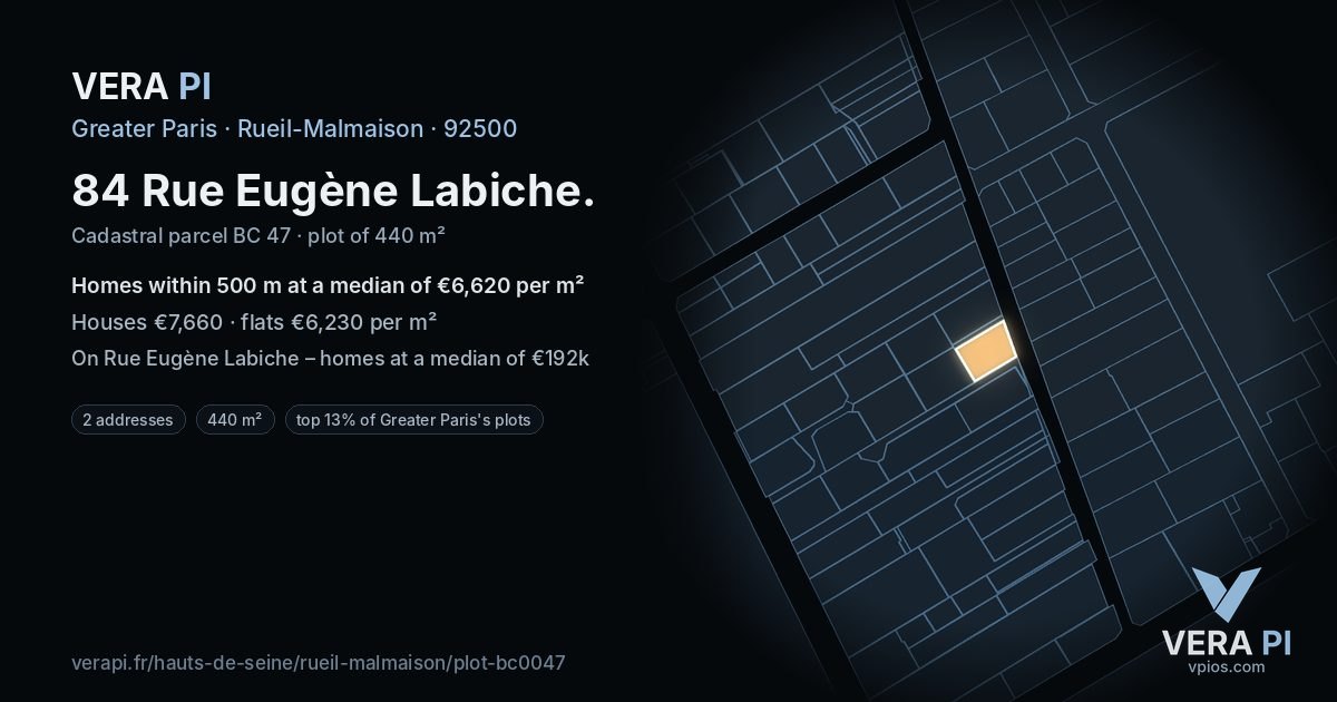 84 Rue Eugène Labiche, Rueil-Malmaison at night – the plot lit, the parcels around coloured by the prices near them