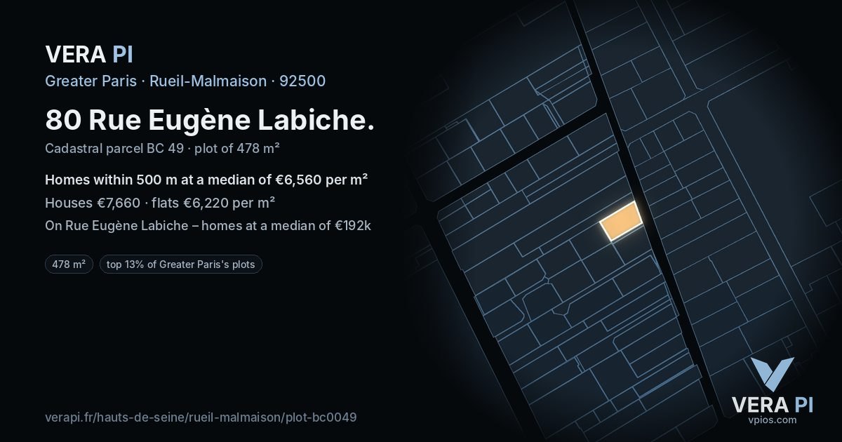 80 Rue Eugène Labiche, Rueil-Malmaison at night – the plot lit, the parcels around coloured by the prices near them
