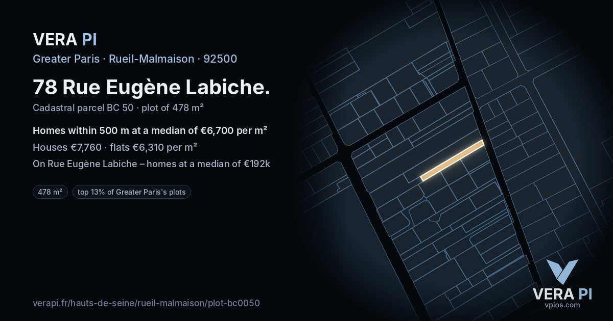 78 Rue Eugène Labiche, Rueil-Malmaison at night – the plot lit, the parcels around coloured by the prices near them