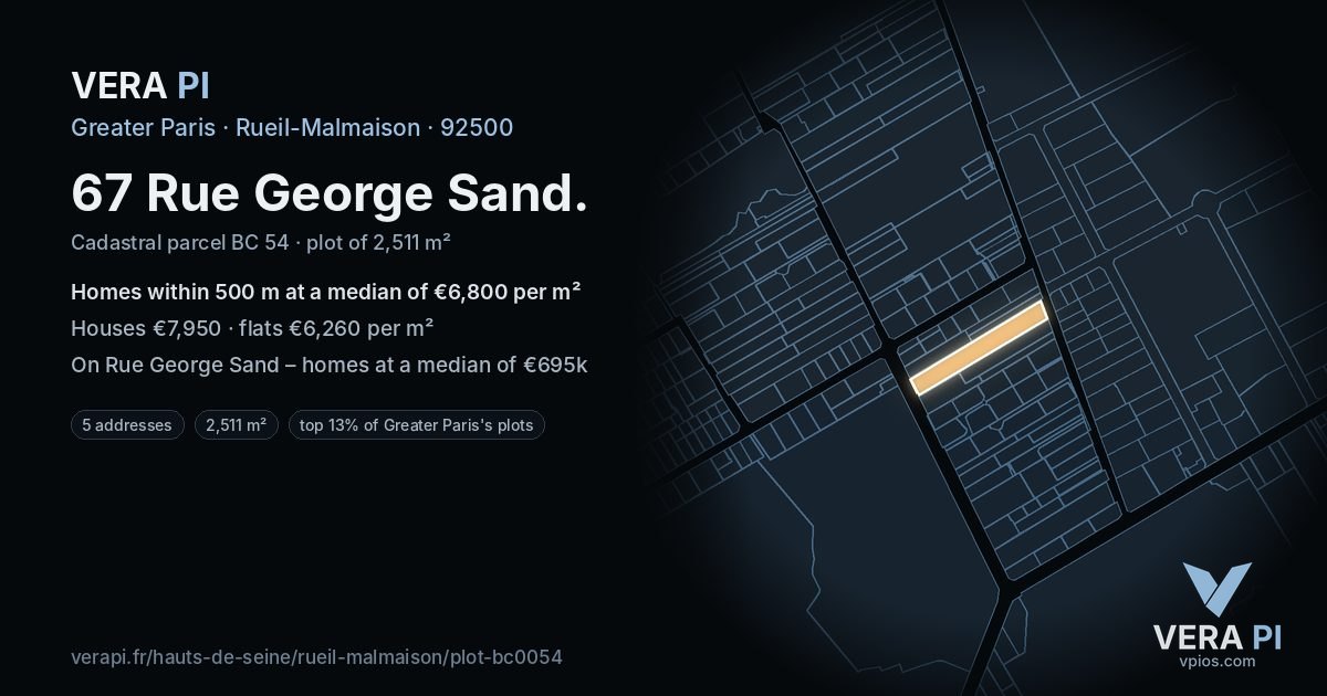 67 Rue George Sand, Rueil-Malmaison at night – the plot lit, the parcels around coloured by the prices near them