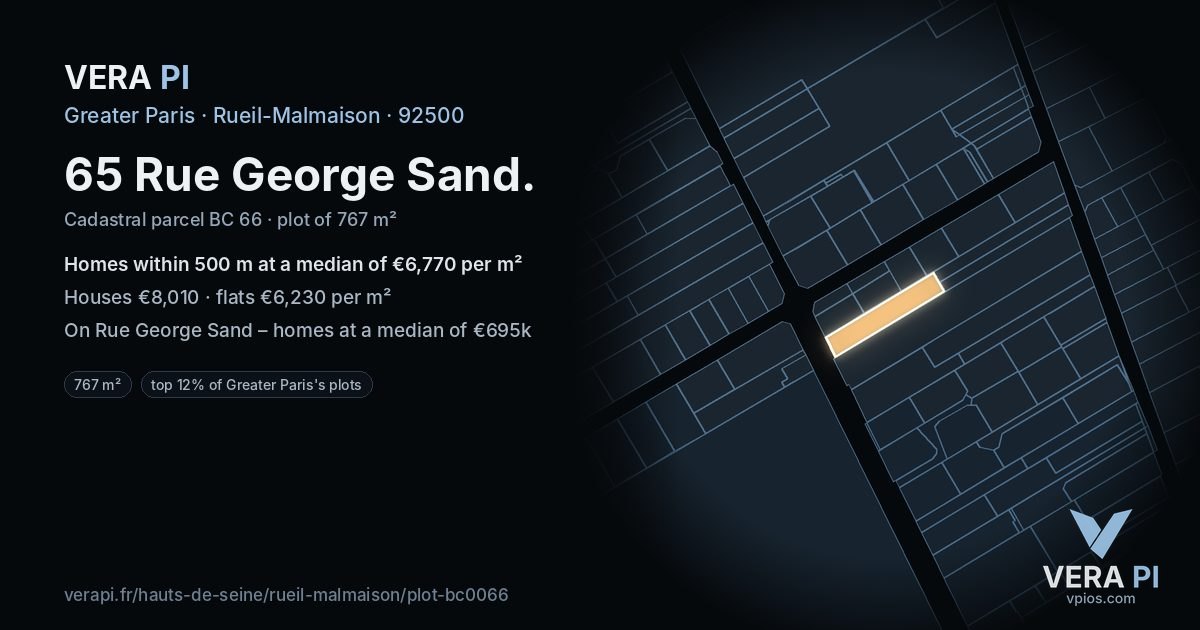 65 Rue George Sand, Rueil-Malmaison at night – the plot lit, the parcels around coloured by the prices near them