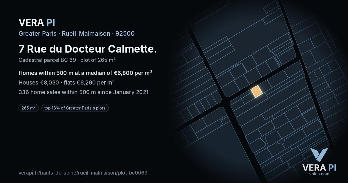 7 Rue du Docteur Calmette, Rueil-Malmaison at night – the plot lit, the parcels around coloured by the prices near them