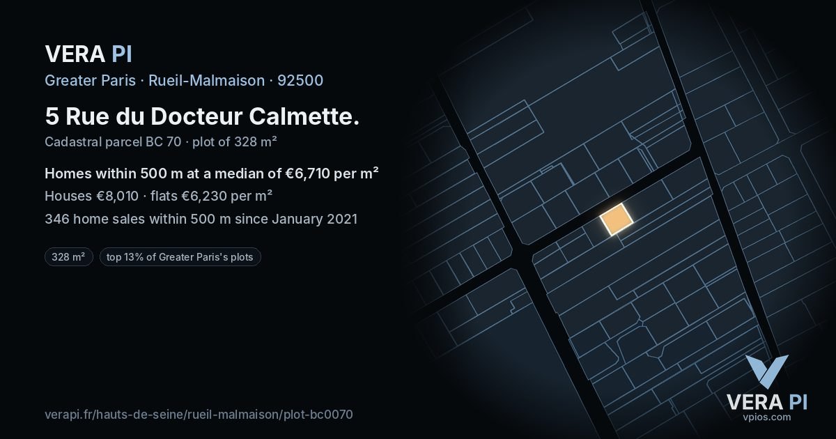 5 Rue du Docteur Calmette, Rueil-Malmaison at night – the plot lit, the parcels around coloured by the prices near them