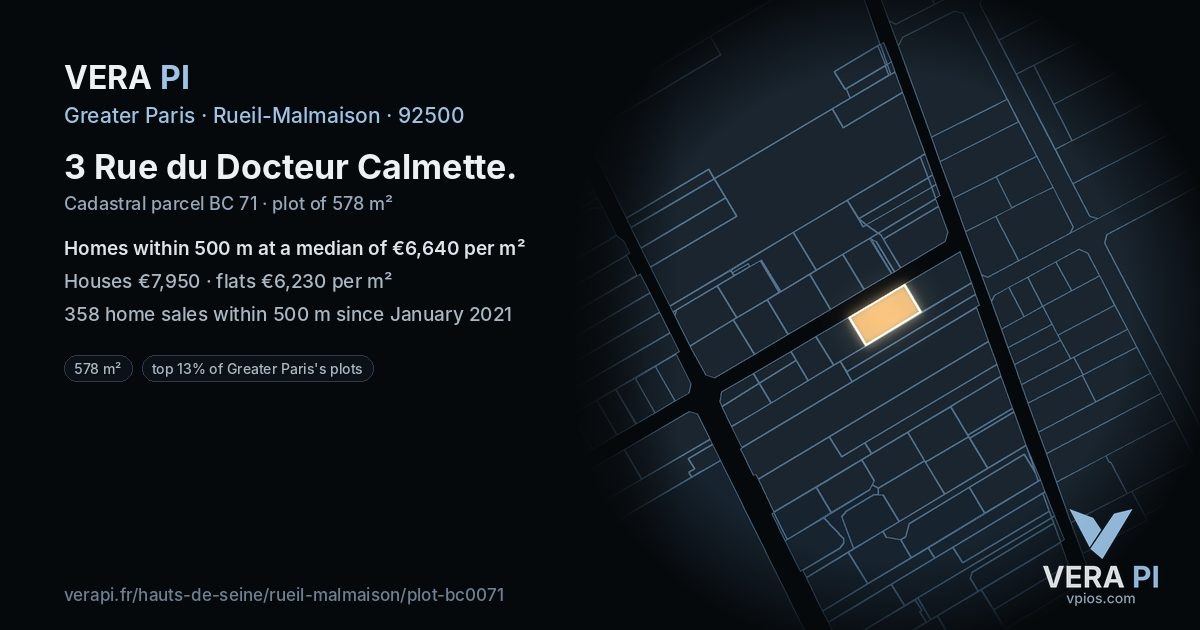 3 Rue du Docteur Calmette, Rueil-Malmaison at night – the plot lit, the parcels around coloured by the prices near them