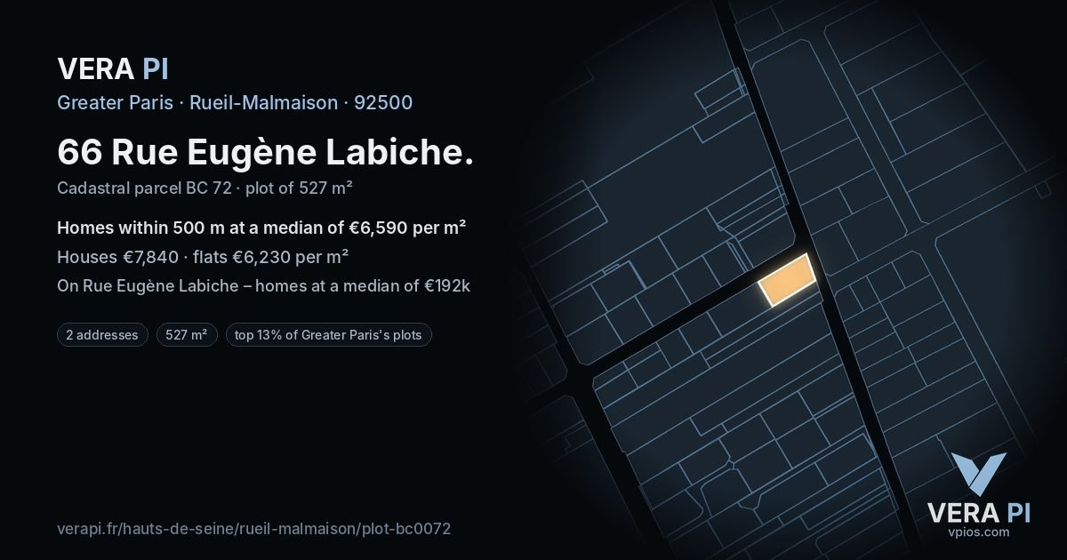 66 Rue Eugène Labiche, Rueil-Malmaison at night – the plot lit, the parcels around coloured by the prices near them