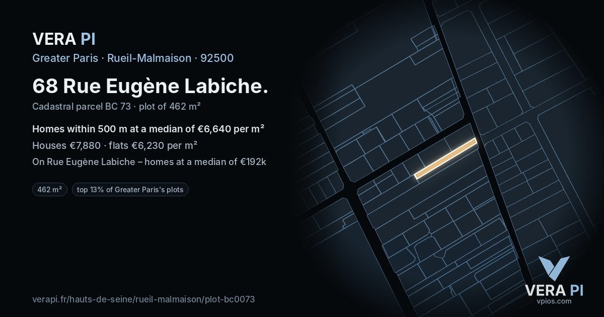 68 Rue Eugène Labiche, Rueil-Malmaison at night – the plot lit, the parcels around coloured by the prices near them