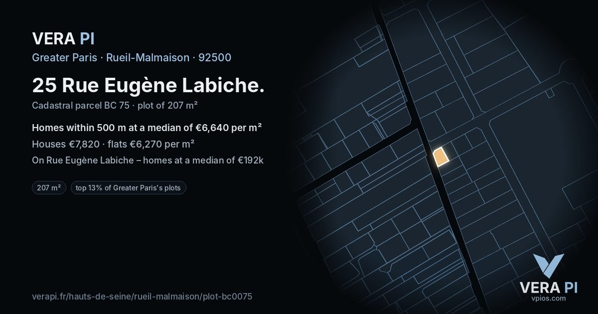 25 Rue Eugène Labiche, Rueil-Malmaison at night – the plot lit, the parcels around coloured by the prices near them
