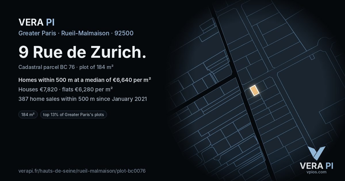 9 Rue de Zurich, Rueil-Malmaison at night – the plot lit, the parcels around coloured by the prices near them