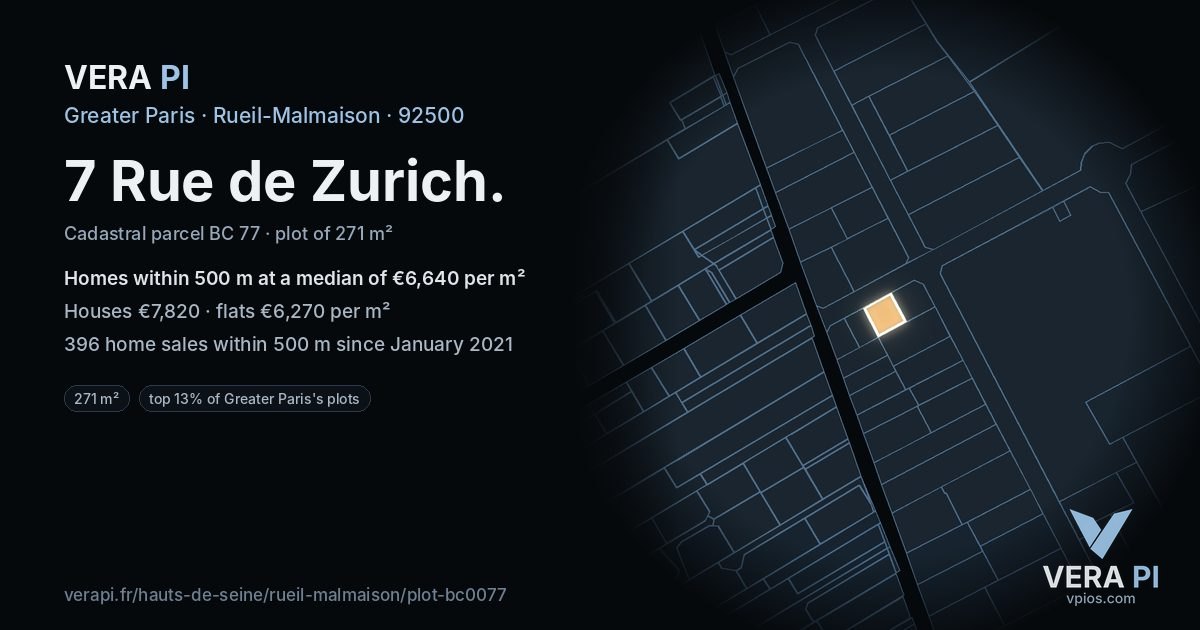 7 Rue de Zurich, Rueil-Malmaison at night – the plot lit, the parcels around coloured by the prices near them