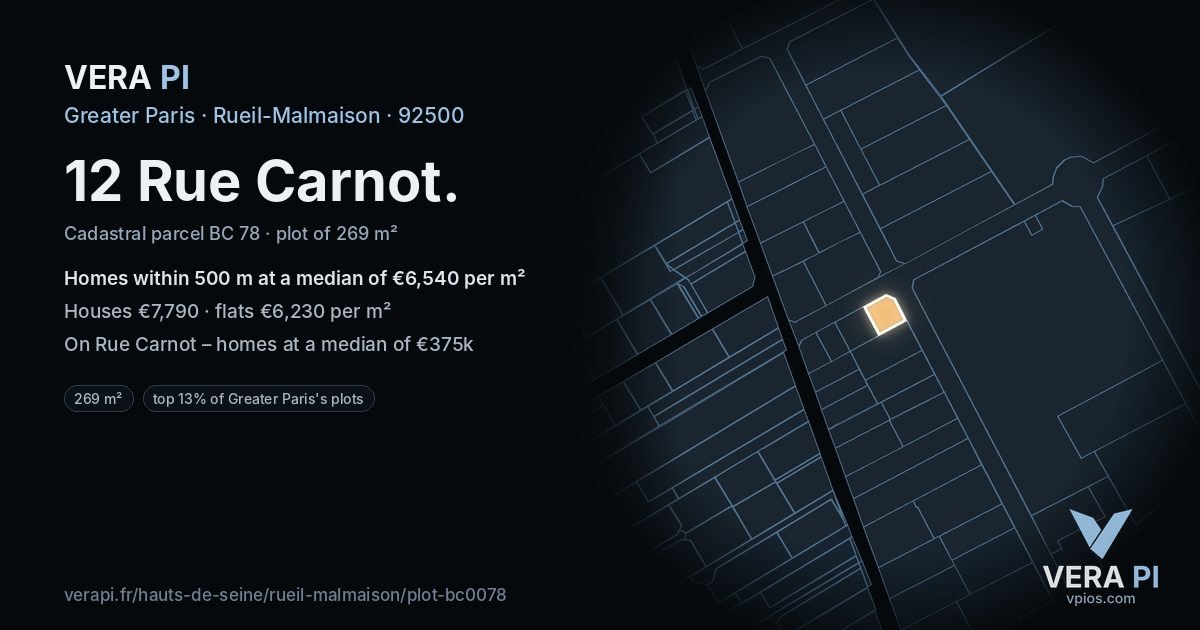 12 Rue Carnot, Rueil-Malmaison at night – the plot lit, the parcels around coloured by the prices near them