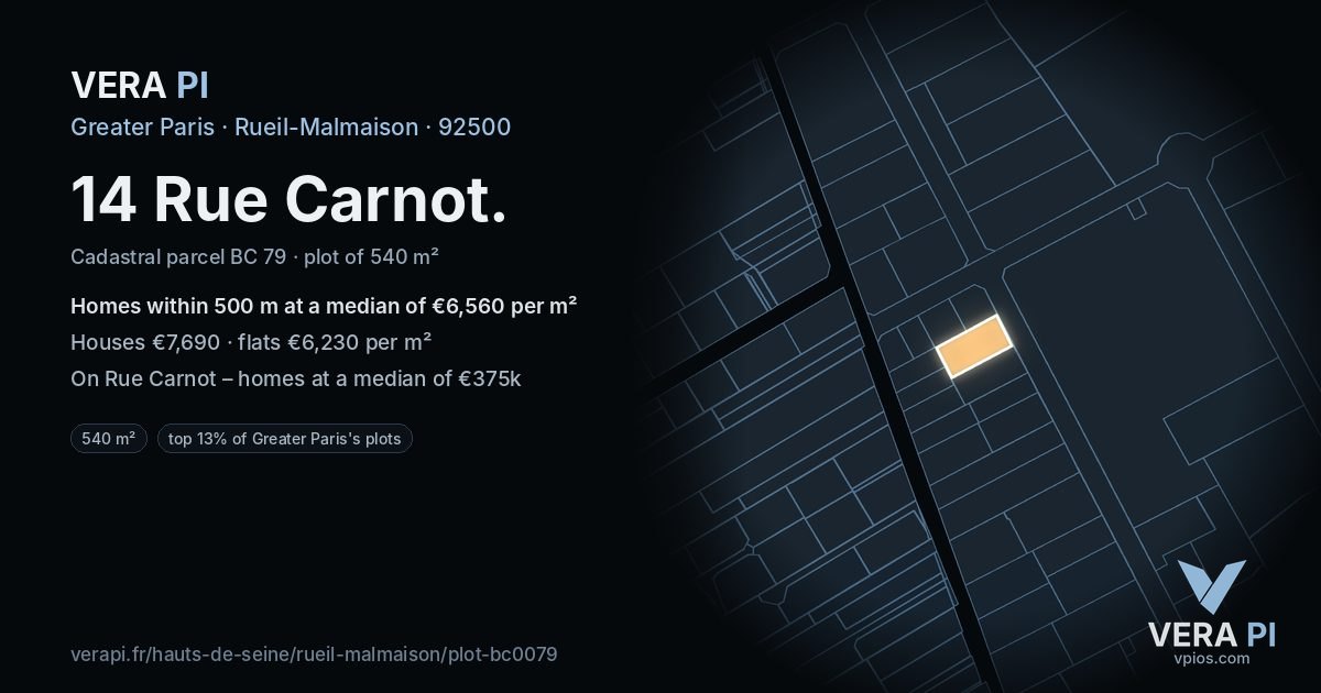14 Rue Carnot, Rueil-Malmaison at night – the plot lit, the parcels around coloured by the prices near them