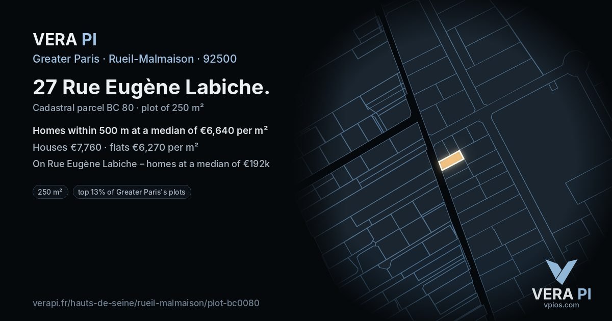 27 Rue Eugène Labiche, Rueil-Malmaison at night – the plot lit, the parcels around coloured by the prices near them