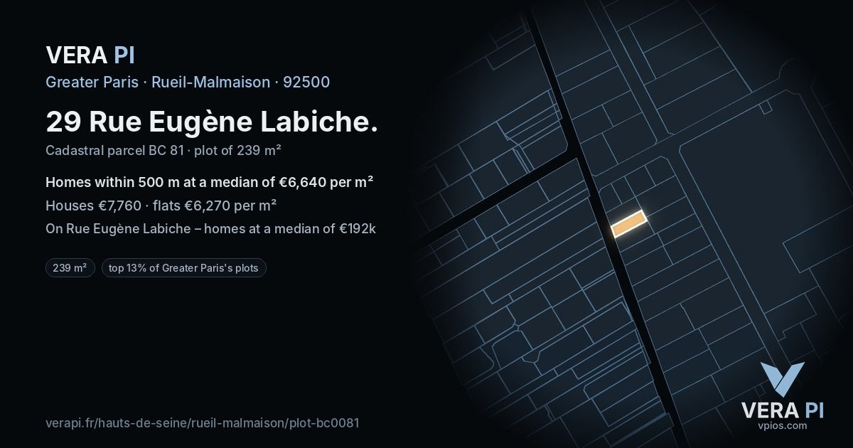 29 Rue Eugène Labiche, Rueil-Malmaison at night – the plot lit, the parcels around coloured by the prices near them