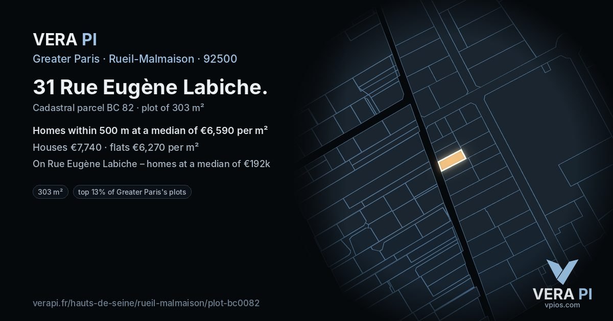 31 Rue Eugène Labiche, Rueil-Malmaison at night – the plot lit, the parcels around coloured by the prices near them