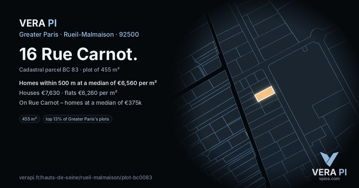 16 Rue Carnot, Rueil-Malmaison at night – the plot lit, the parcels around coloured by the prices near them