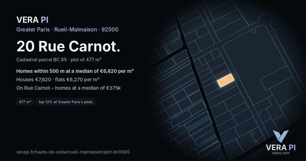 20 Rue Carnot, Rueil-Malmaison at night – the plot lit, the parcels around coloured by the prices near them