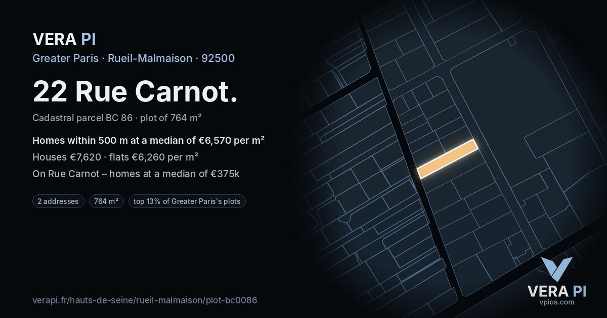 22 Rue Carnot, Rueil-Malmaison at night – the plot lit, the parcels around coloured by the prices near them