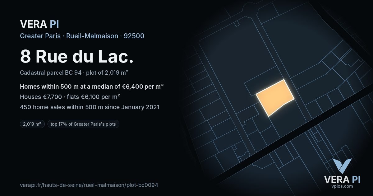 8 Rue du Lac, Rueil-Malmaison at night – the plot lit, the parcels around coloured by the prices near them
