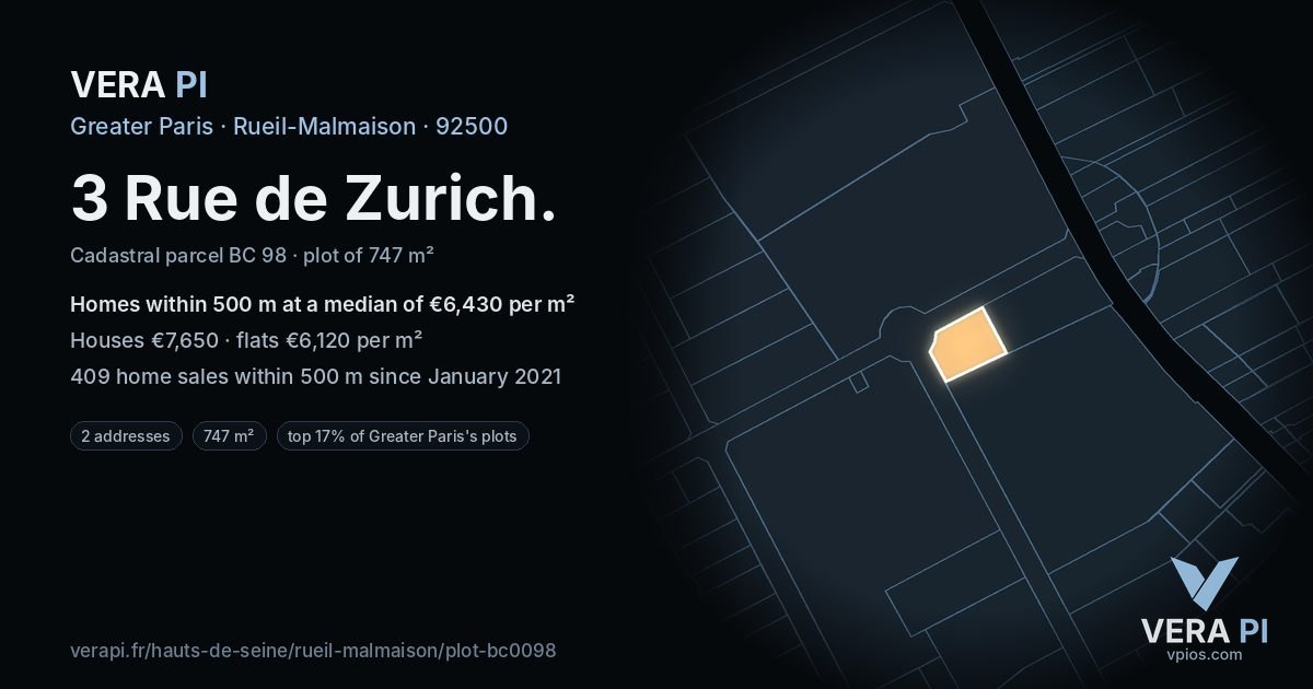 3 Rue de Zurich, Rueil-Malmaison at night – the plot lit, the parcels around coloured by the prices near them