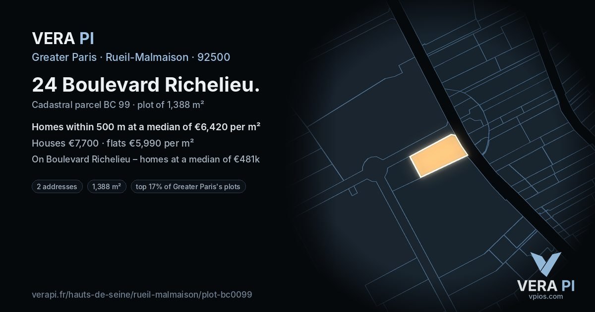 24 Boulevard Richelieu, Rueil-Malmaison at night – the plot lit, the parcels around coloured by the prices near them