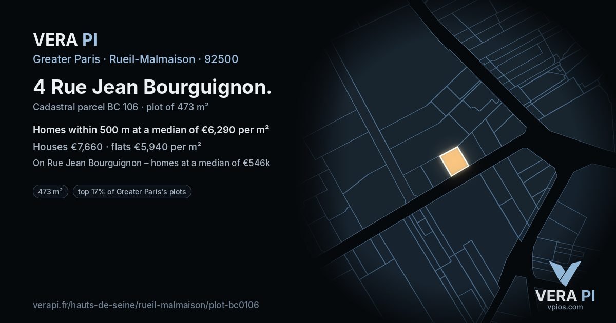 4 Rue Jean Bourguignon, Rueil-Malmaison at night – the plot lit, the parcels around coloured by the prices near them