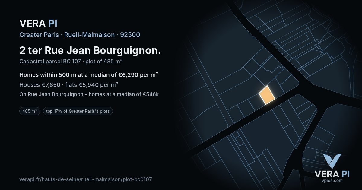 2 ter Rue Jean Bourguignon, Rueil-Malmaison at night – the plot lit, the parcels around coloured by the prices near them