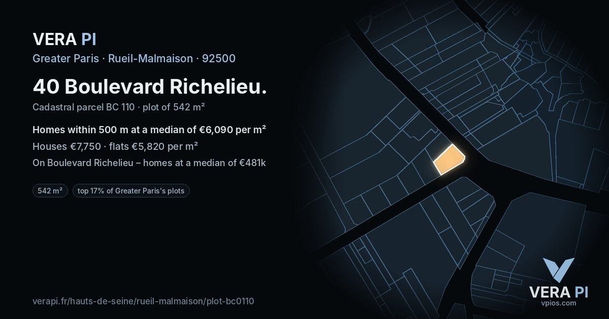 40 Boulevard Richelieu, Rueil-Malmaison at night – the plot lit, the parcels around coloured by the prices near them