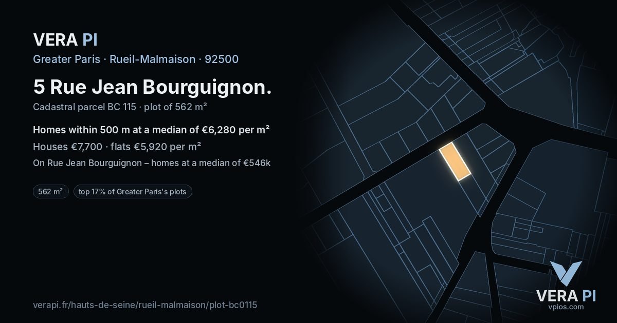5 Rue Jean Bourguignon, Rueil-Malmaison at night – the plot lit, the parcels around coloured by the prices near them
