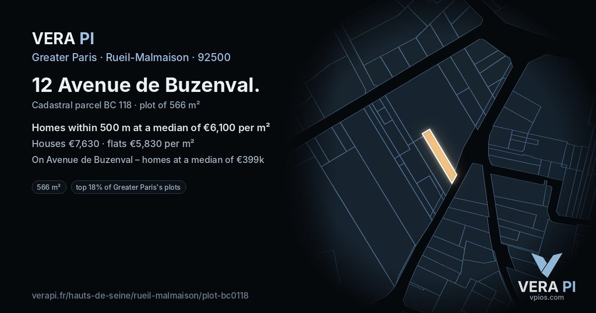 12 Avenue de Buzenval, Rueil-Malmaison at night – the plot lit, the parcels around coloured by the prices near them