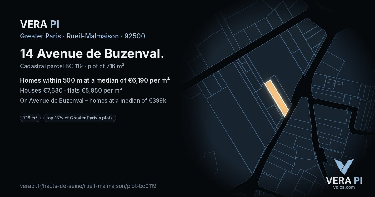 14 Avenue de Buzenval, Rueil-Malmaison at night – the plot lit, the parcels around coloured by the prices near them