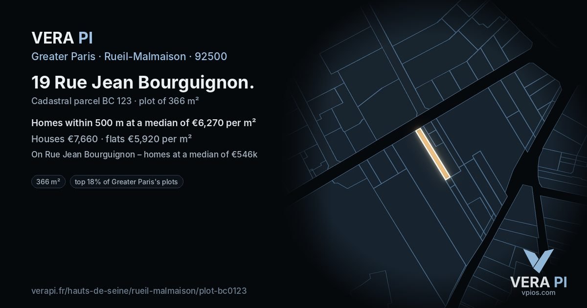 19 Rue Jean Bourguignon, Rueil-Malmaison at night – the plot lit, the parcels around coloured by the prices near them