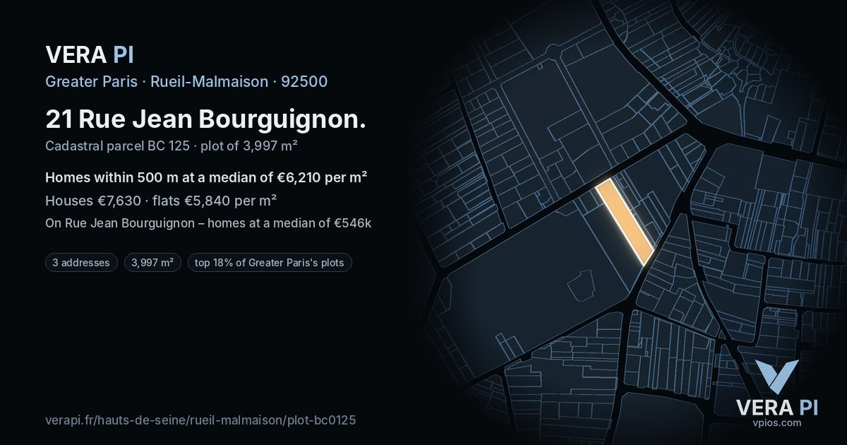 21 Rue Jean Bourguignon, Rueil-Malmaison at night – the plot lit, the parcels around coloured by the prices near them