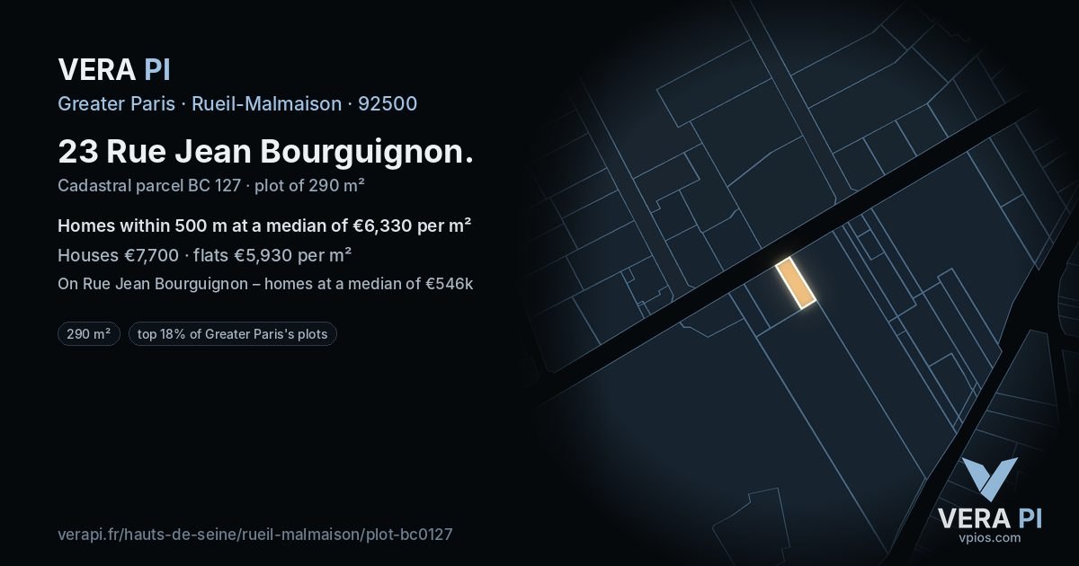 23 Rue Jean Bourguignon, Rueil-Malmaison at night – the plot lit, the parcels around coloured by the prices near them