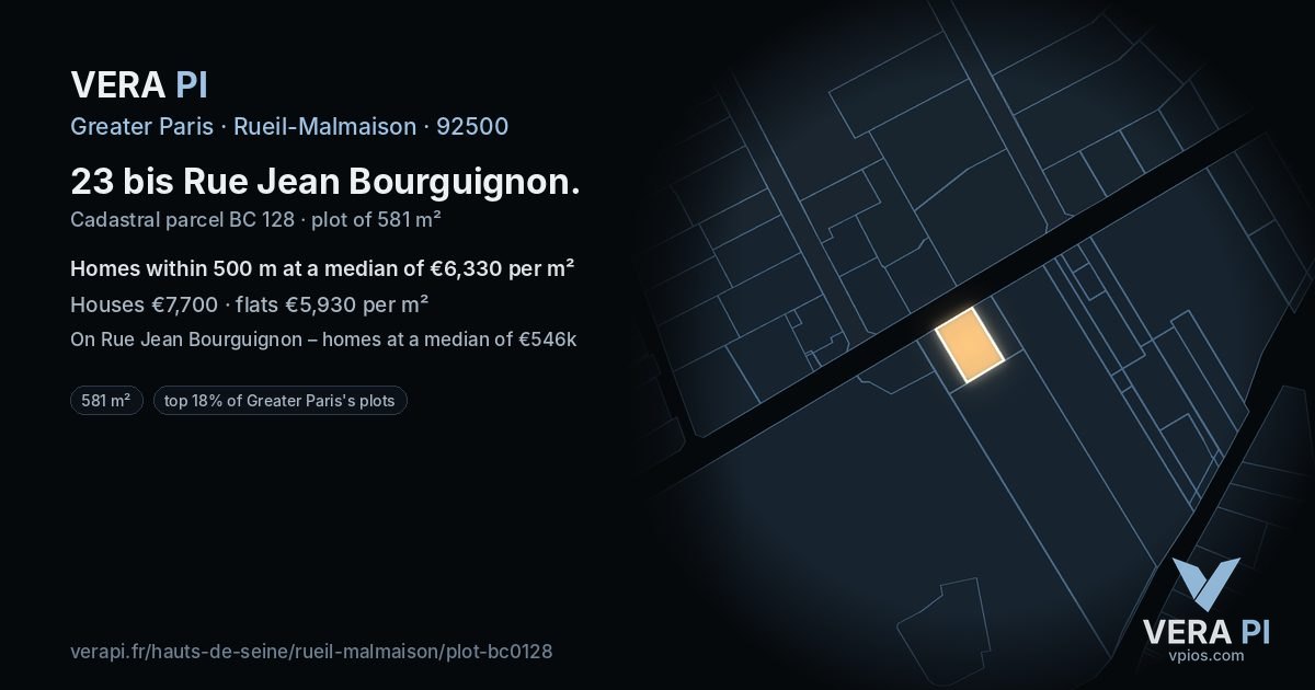 23 bis Rue Jean Bourguignon, Rueil-Malmaison at night – the plot lit, the parcels around coloured by the prices near them