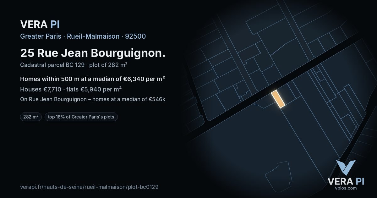 25 Rue Jean Bourguignon, Rueil-Malmaison at night – the plot lit, the parcels around coloured by the prices near them