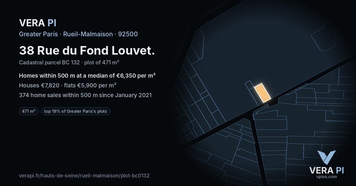38 Rue du Fond Louvet, Rueil-Malmaison at night – the plot lit, the parcels around coloured by the prices near them