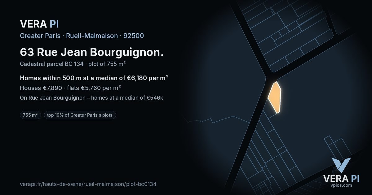 63 Rue Jean Bourguignon, Rueil-Malmaison at night – the plot lit, the parcels around coloured by the prices near them