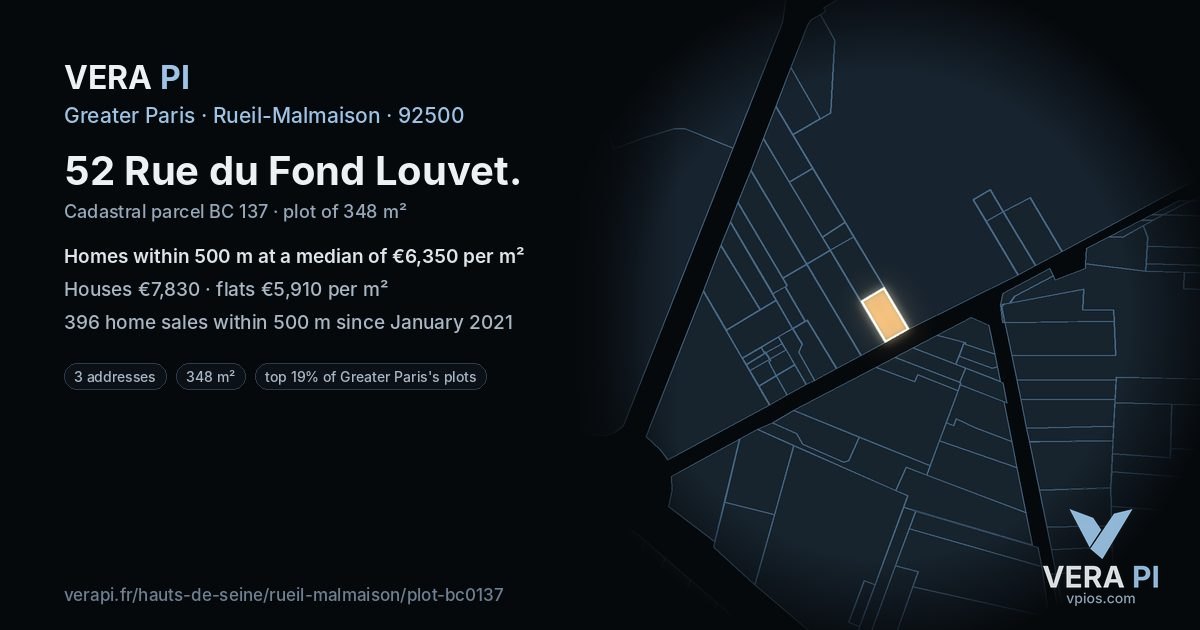 52 Rue du Fond Louvet, Rueil-Malmaison at night – the plot lit, the parcels around coloured by the prices near them