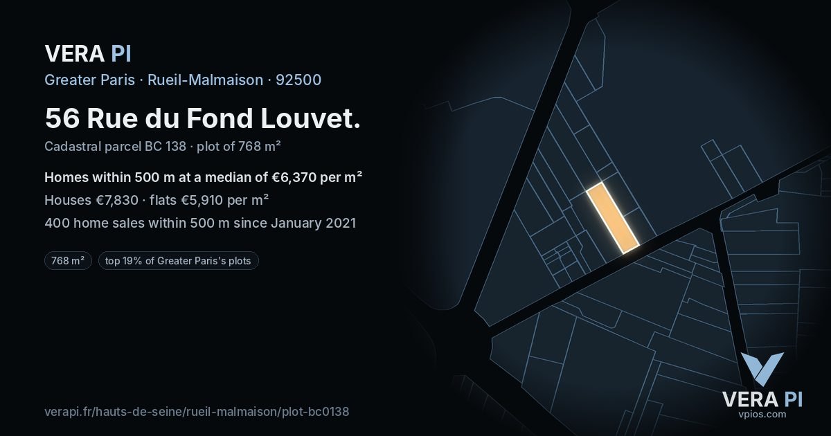 56 Rue du Fond Louvet, Rueil-Malmaison at night – the plot lit, the parcels around coloured by the prices near them