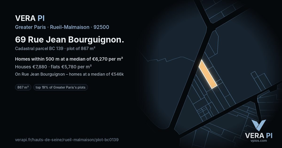 69 Rue Jean Bourguignon, Rueil-Malmaison at night – the plot lit, the parcels around coloured by the prices near them