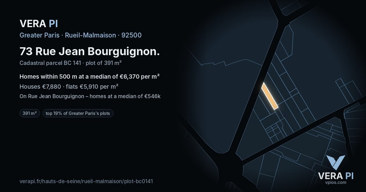 73 Rue Jean Bourguignon, Rueil-Malmaison at night – the plot lit, the parcels around coloured by the prices near them